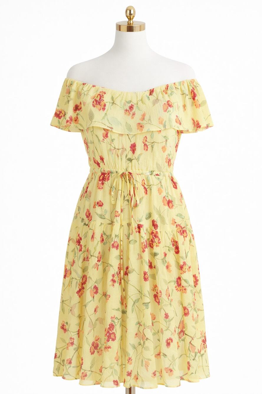 Ralph Lauren Yellow Floral Off Shoulder Ruffle Midi Dress Cottagecore  Size 10